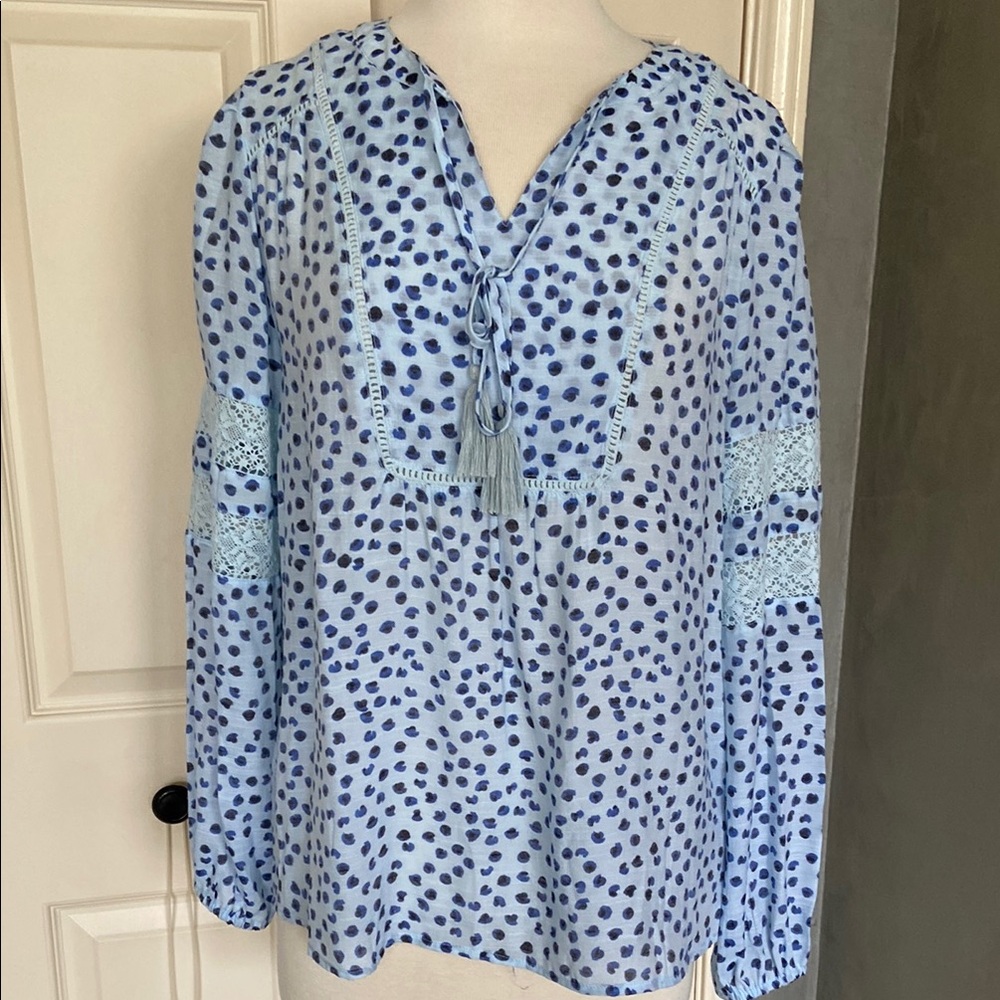 Anthropology Zac & Rachel Blue Relaxed Tie Front Blouse with Long Sleeves Small